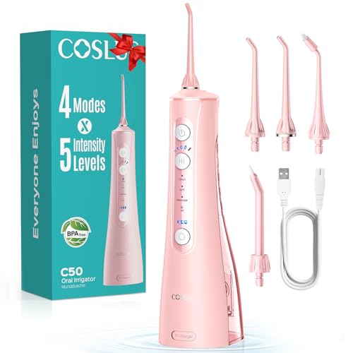 COSLUS Water Flosser for Teeth Cordless: 4 Modes & 20 Levels - Portable Irrigador Dental for Health - Conscious Sensitive Users Gums - Travel Home Use with 4 Jet Tips - Pink