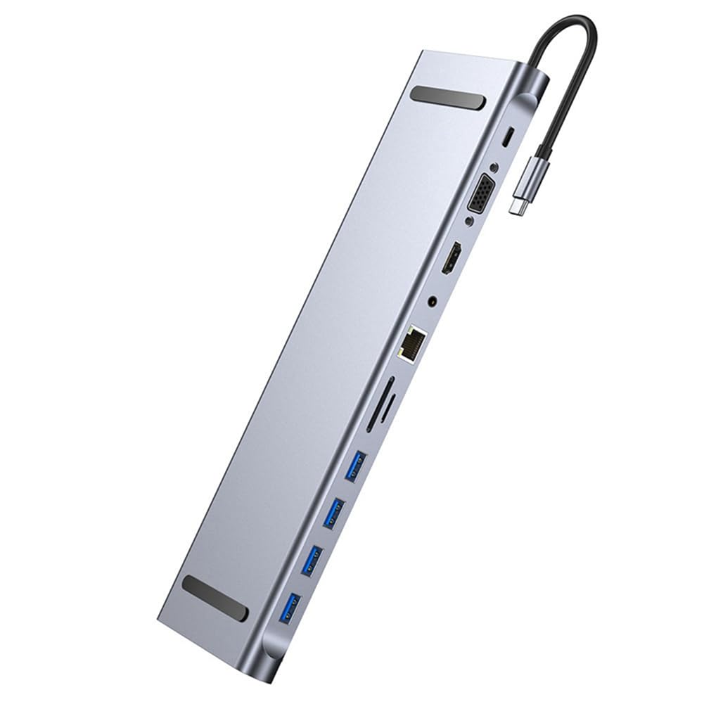 Stacja dokująca 11 w 1 typu C, koncentrator USB 3.0, rozdzielacz, adapter wieloportowy, 4K, kompatybilna z RJ45, SD/TF, VGA, PD, Audio, podstawka pod laptopa
