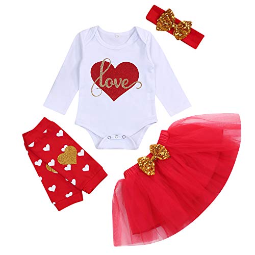 Baby Girls Valentine's Day Outfits Toddler Kids Love Heart Print Romper+Tutu Skirt+Leg Warmers+Headband 4Pcs Clothes Set (Red, 0-3 Months)