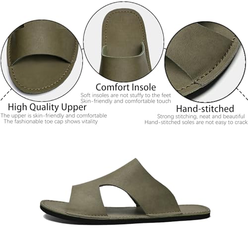 Men's Leather Flat Slides Sandals with Hand Stitched Casual Lightweight Open Toe Comfortable Soft Bottom Slip On Slippers Summer Indoor Outdoor Anti-Slip Beach Sandals3