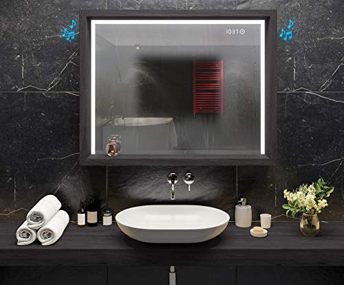 Artforma Modern Bathroom Mirror with LED light 800x1000 mm with Frame and Shelf | Selection of Demister Heat Pad/Bluetooth Speaker - Wall Mounted Illuminated Mirror - Cold White | Lucerne Elm