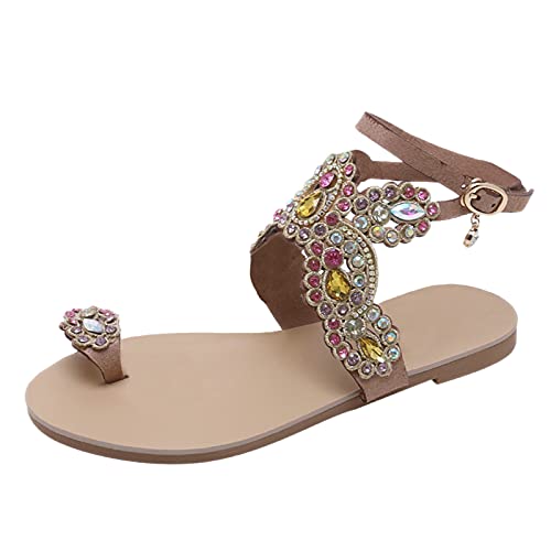 TEEL ONG - Sandalias de verano para mujer, estilo informal, con tachuelas florales bohemias, puntera abierta, para playa, vacaciones, fiestas, zapatos planos, color, talla 37.5 EU