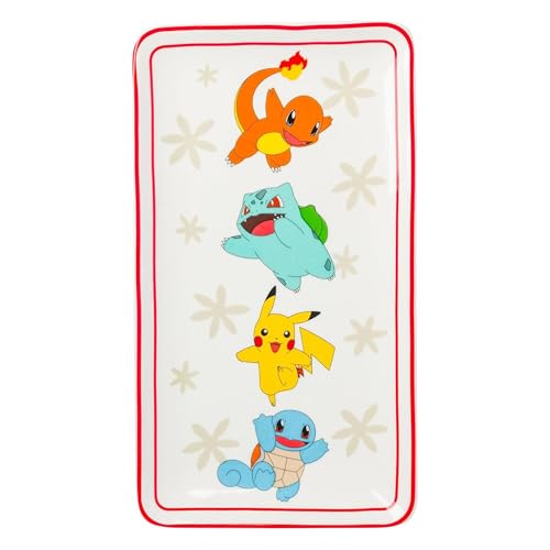 Image of Silver Buffalo Pokemon Original Starters Featuring Charmander, Bulbasaur, Squirtle, and Pikachu Pokeball Ceramic Sushi Set with Dipping Sauce Dish and Matching Chopsticks