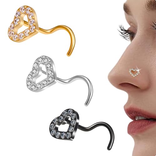 3PCS 20G Hypoallergenic Surgical Stainless Steel Nose Rings Studs For Women Men Screw Shape Nose Studs Heart CZ Nose Studs Gold Silver Black Nose Piercings Studs