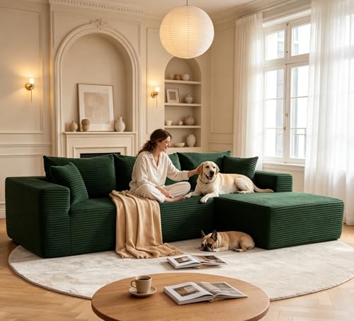 Image of Mangodan 110 inch Cloud Sectional Couch, Boneless Sofa for Living Room, Modular Sectional Sofa with Deep Seat, Comfy Fluffy Couch with L-Shaped Chaise, No Assembly Required (Right-Facing Chaise, Green)