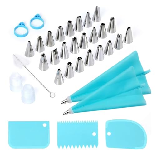 34 pcs Cake Decorating Kit,Reusable Baking Frosting Supplies with 2 Bags,24 Icing Piping,3 Scrapers,2 Couplers,2 Silicone Rings 