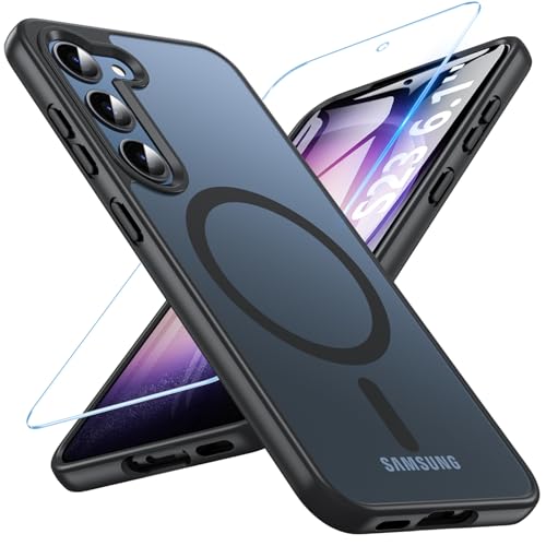 BESINPO for Samsung Galaxy S23 Case with Tempered Glass Screen Protector Magnetic S23 Phone Case Military-Grade Protection Shockproof Translucent Matte Back Cover Anti-Scratch Phone Cover(Black)