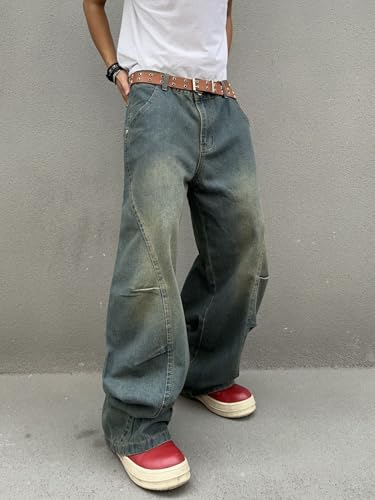 Dfgigt SLLWIEY1829 Men'S Irregular Sutures Y2K Hip Hop Baggy Jeans Wide Leg Denim Pants Casual Loose Fit Trousers Streetwear 2000S Extreme Motion Relaxed Fit Sport Skater Jogging Skateboard,A11 Blue,Large thumb #3