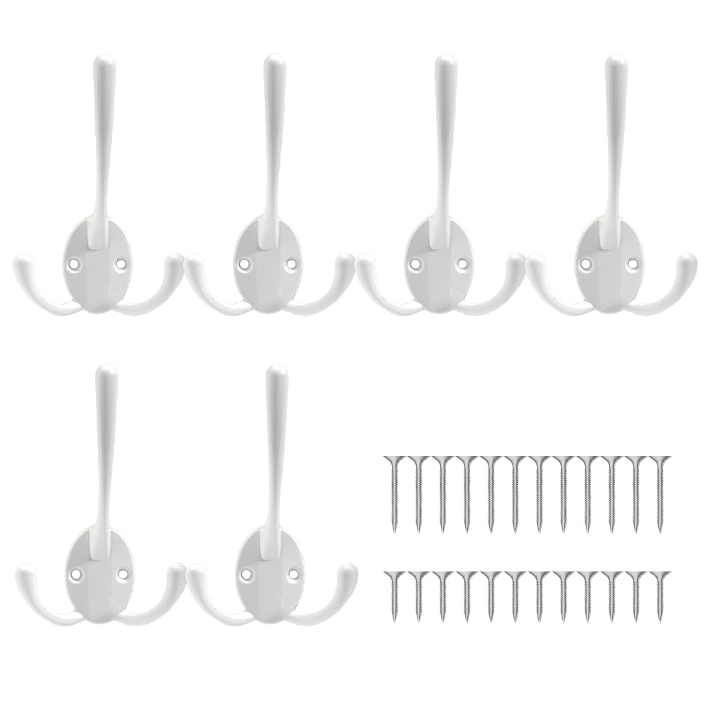 6 Piezas Gancho De Tres Garras,Tres Ganchos Percheros de Pared,Ganchos de Aleación de Zinc,Gancho para abrigo,con 24 tornillos,para Cocina Baño Colgante(Blanco)