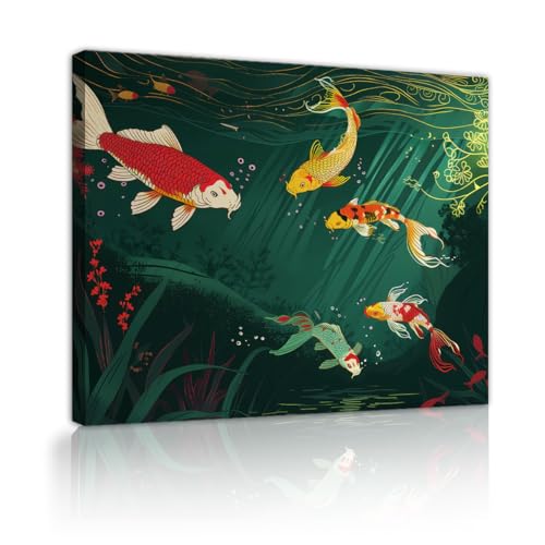 鯉の魚のキャンバスウォールアート和風の自然壁画抽象的な緑の池のプリント写真アートワーク絵画リビングルームの家の装飾60x80cmインナーフレーム