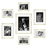 Frametory 7 Piece Gold Aluminum Wall Frame with Ivory Color Mat Set - Four 5x7 - Two 8x10 - One 11x14 - Real Glass - Swivel Tabs - Sawtooth Hangers (Gold)
