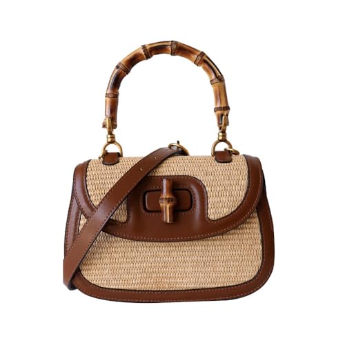 Women's Handmade Straw Tote Handbags，Genuine Leather+Straw Woven Bamboo Top Handle Satchel Crossbody Bag