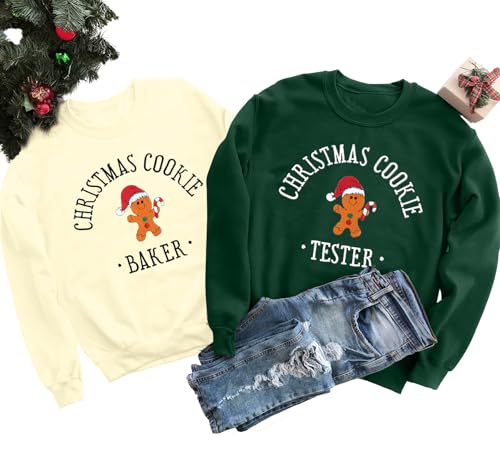LOTUCY Christmas Couples Matching Sweatshirt Embroidered Gingerbread Baker and Tester Pullover Tops Xmas Couple Outfits