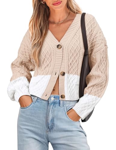 BB&KK Cardigan Sweaters for Women Color Block V Neck Button