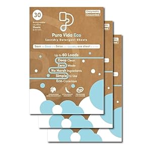 Pura Vida Eco Laundry Detergent Sheets – 90 Sheets (up to 180 Loads) – Unscented – Ideal for Travel, Baby Clothes – Compact, Liquidless, Hypoallergenic, Eco-Friendly, Plastic-Free Solution