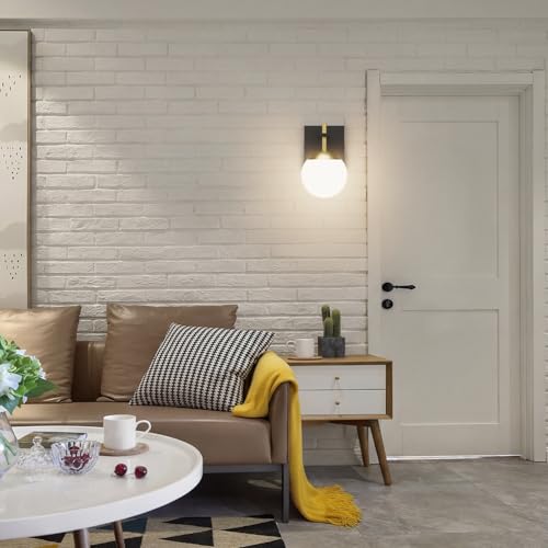 Image of Ralbay Black Gold Indoor Wall Sconces Set of 2,Mid Century Modern Bathroom Wall Lighting Fixtures Milky Glass Wall Lamp for Bedroom Living Room Vanity Hallway,Black and Gold(Exclude Bulb)