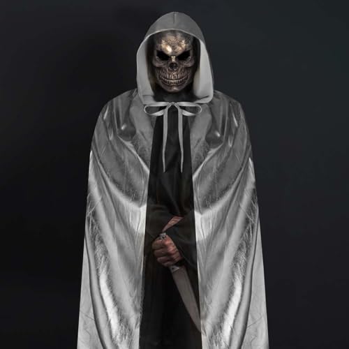 Aomig Silber Umhang Vampir Umhang Jedi Mantel Mittelalter Umhang mit Kapuze Erwachsene Unisex Scream Kinder Cape Kostüm Damen Halloween Costume Maskerade Familienfeier Herren Karneval Cosplay-150cm
