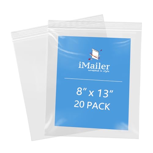 iMailer - 8" x 13" 20 Pack - 2 Mil Resealable Zip Bags - Clear Plastic Bags with Zip Top Lock for Storage, Organizing, Crafts, Travel