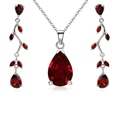 Tropfenform Schmuck-Set mit Rot Österreichische Zirkonia Kristalle Halskette Anhänger 45 cm Ohrringe 18 kt Weiß Vergoldet für Damen