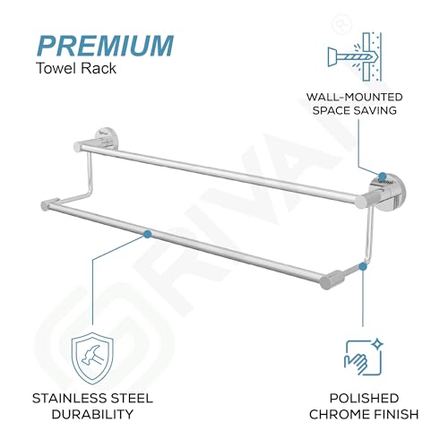 Image of GRIVAN Stainless Steel 2-Step Towel Rod for Bathroom | Wall Mounted Double Bar Towel Rack Rail | Bathroom Cloth Hanger Stand (Silver Chrome, 24 inch)