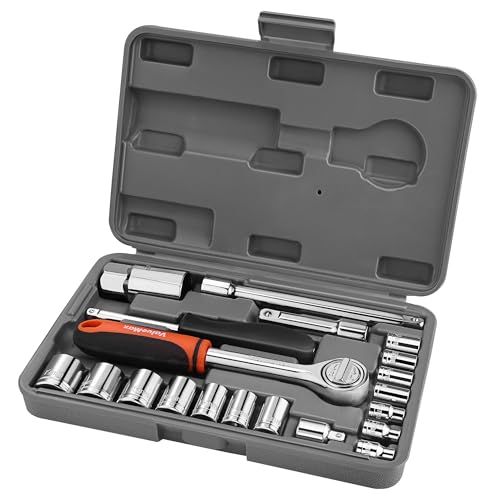 ValueMax 21-Piece Socket Wrench Set 1/4 & 3/8 Drive Carbon Steel Metric Sockets Ratchet Spinner Handle Extension Bars Spark Plug Socket Car Motorcycle Home Maintenance Tools