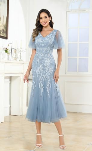 SOLODISH Lace Applique Mother of The Bride Dresses Tea Length Tulle Formal Evening Dresses for Women4