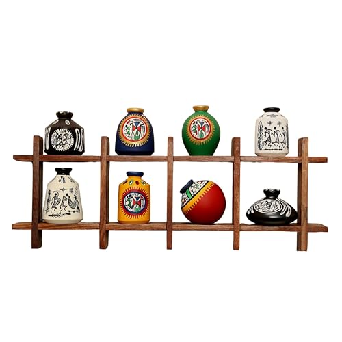 Image of AAKRITI ART CREATIONS Ladder Wall Decor 8 Handcrafted Warli Pots | Wooden Shelves Shelf Terracotta Vases | Matte Finish Decorative Wall Art for Living Room, Entryway & Gifting