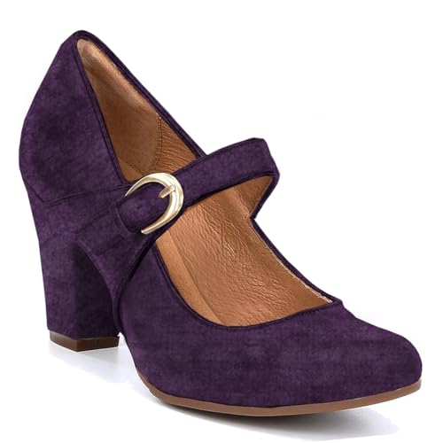 Image of SHODENSE Women Vintage Chunky High Heel Mary Jane Shoes Round Closed Toe Ankle Strap Dress Sandals 3 inch Block Heels Mary Jane Lolita Pumps Two-Toned Patchwork Buckle Office Lady Wedding Retro 4-11 M US