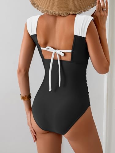 Image of B2prity Womens One Piece Swimsuit Retro Square Neck Tummy Control Bathing Suits Ruched Modest Full Coverage Swimwear