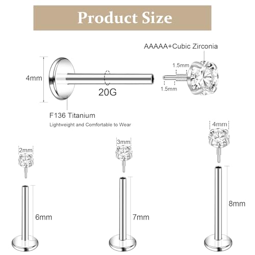 ONESING 16G 20G Flat Back Nose Stud Internal Thread Flat Back Earrings Hypoallergenic Titanium CZ Tragus Helix Cartilage Conch Nose Earrings Stud Piercing Jewelry for Women Men2