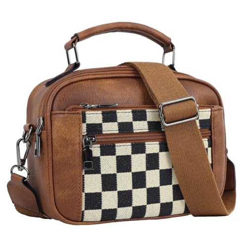 Image of Checkered Crossbody Purse Women Plaid Shoulder Bag Checkerboard Top Hand Tote bag Leather Hobo Handbags
