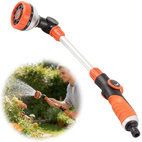 Idota Gießstab Lang 47CM Gartenbrause mit 180 Schwenkkopf 8 Sprühmustern für Garten Beete (Orange)