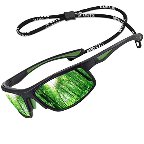 Perfectmiaoxuan Polarisierte Sonnenbrille Herren Damen Fahren Radfahren Angeln Klettern Blendschutz TR90 Sportbrille Bügelbrille Umhängeband Sonnenbrillen (black/green)