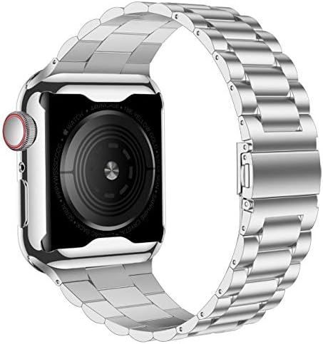 iiteeology Compatible with Apple Watch Bands 44mm Series 6 5 4 Se, Upgraded Stainless Steel Band with iWatch Screen Protector Case for Men Women Silver/Silver - Thumbnail 4