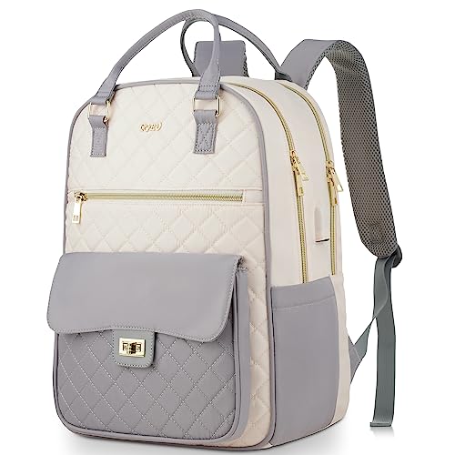 Image of Teen Girls School Backpack,15.6in Laptop Bag for Women,Big Schoolbag for Travel Work Nurse Teacher Uni,Gray-Beige