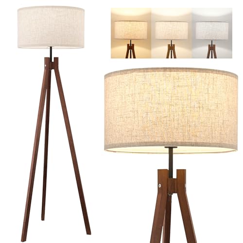 ELYONA Wood Tripod Floor Lamp, Mid Century Reading Standing Lamp with 3 Color Temperatures & Linen Shade, Modern Night Light for Bedroom, Farmhouse, Living Room, Office, 9W LED Bulb Included, Brown