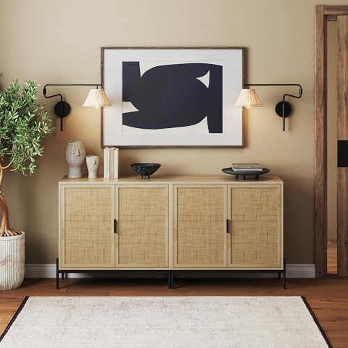 Image of Nathan James Andrew Bohemian TV Stand or Kitchen Sideboard Credenza, Rattan Accent Cabinet with Metal Legs, Light Oak/Matte Black, Set of 2