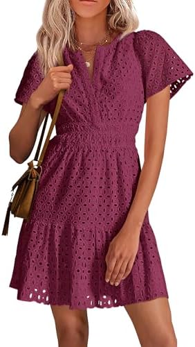 PRETTYGARDEN Womens 2026 Summer Short Dress V Neck Short Sleeve A Line Hollow Out Lace Ruffle Cute Casual Beach Party Dresses