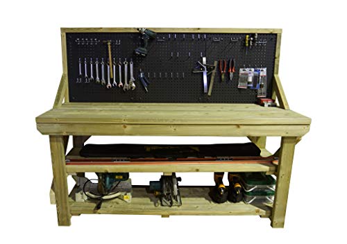 Workbench With Pegboard and Double Shelf - 46 Piece Peg Kit INCLUDED - Heavy Duty - Pressure Treated - Handmade Garage Workshop Work Table (4ft)