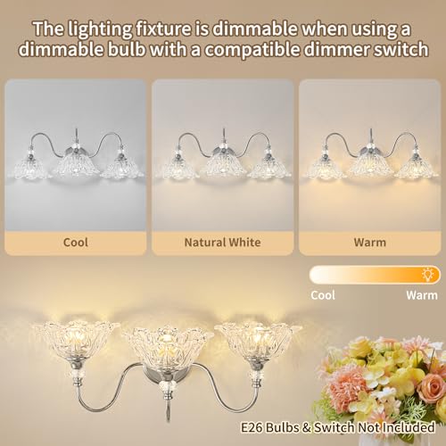 Image of Brushed Chrome 3-Light Bathroom Vanity Light with Floral Clear Glass Shades, Modern Wall Mount Lighting for Bathroom, Dressing Table