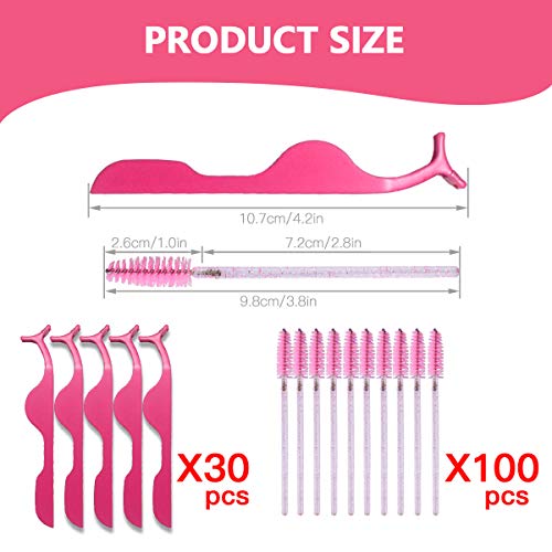 30 Pieces Plastic Eyelash Extension Tweezers False Eyelash Applicator Tool Eyelash Auxiliary Clip and 100 Pieces Eyelash Brush Mascara Wands Applicator for Eyelash Application (Rose Red)