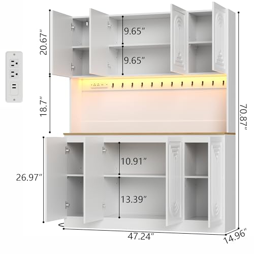 Image of 71 inch White Kitchen Pantry with Power Outlet & LED Light, Large Kitchen Hutch Cabinet with Adjustable Shelf, Modern Buffet Cabinet with 8 Doors, Food Pantry Storage for Dining Room (White 8 Doors)