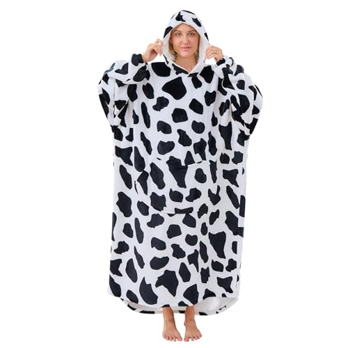 Wearable Blanket Hoodie Oversized Thick Hooded Blanket for Adult Long Hoodie Women Men with Pocket Animal Cow