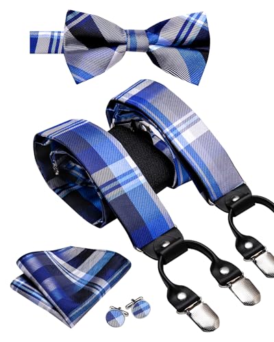 Image of Hi-Tie Men Suspender Bowtie Set Suspenders Pre-tied Bow Tie Pocket Square Cufflinks Adjustable Y Shape 6 Clips Braces Tuxedo