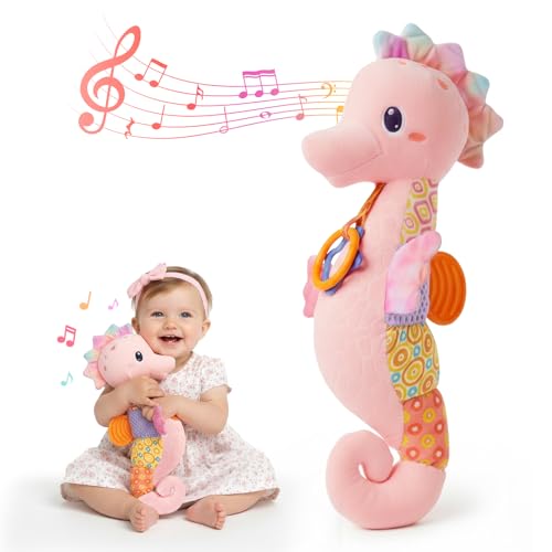 Image of Baby Toys 0-6 Months,Infant Musical Seahorse Stuffed Animals Sensory Toys with Bright Colors,Multiple Textures,Rattles & Crinkle Sound Paper,Soft Tummy Time Toy for Newborn Boys Girls 0-12 Months-Pink