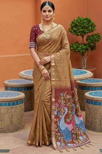 Image of SGF11 Women's Soft Cotton Linen Silk Saree With Unstitched Blouse Piece