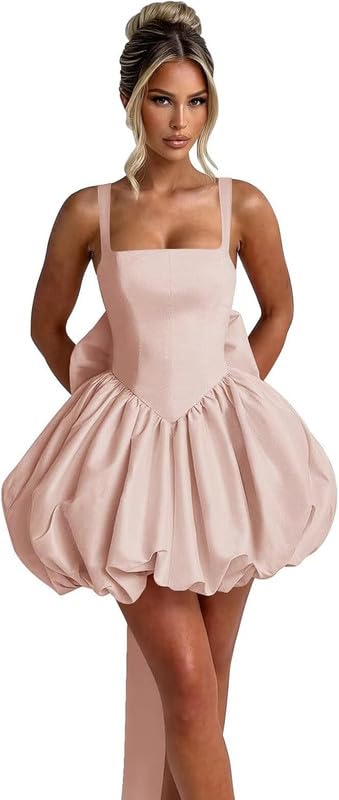 OAHGNIJ Satin Homecoming Dresses for Teens 2026 Spaghetti Straps Puffy Mini Cocktail Pary Dresses with Bow LSH41