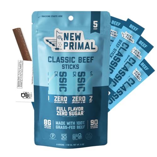 The New Primal Grass Fed Beef Sticks, Keto, Gluten Free Healthy Snacks for Adults, Sugar Free Low Carb High Protein Snack, Paleo Whole30 Jerky Meat Stick, 8g Protein, 90 Calories, 5 Pack
