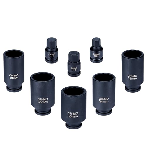 Image of 8PCS Axle Nut Socket Set, 1 /2 inch Drive Deep Impact Socket Set with 3 Hex Bit Sockets, Metric, 14mm 17mm 19mm, 30mm 32mm 34mm 35mm 36mm, Heavy Duty Cr-Mo, for Audi, BMW, and Mercedes etc (8pcs 1 /2 inch)