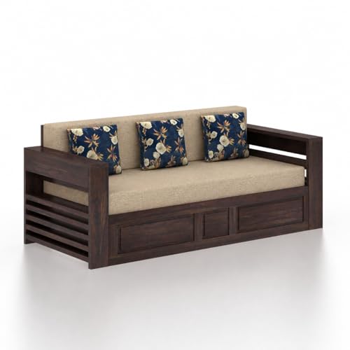 Image of Ganpati Arts Solid Sheesham Wood 3 Seater Lurid Sofa Cum Bed with Side Pocket for Living Room Bed Room | Wooden Bedroom Furniture for Home (Walnut Finish)